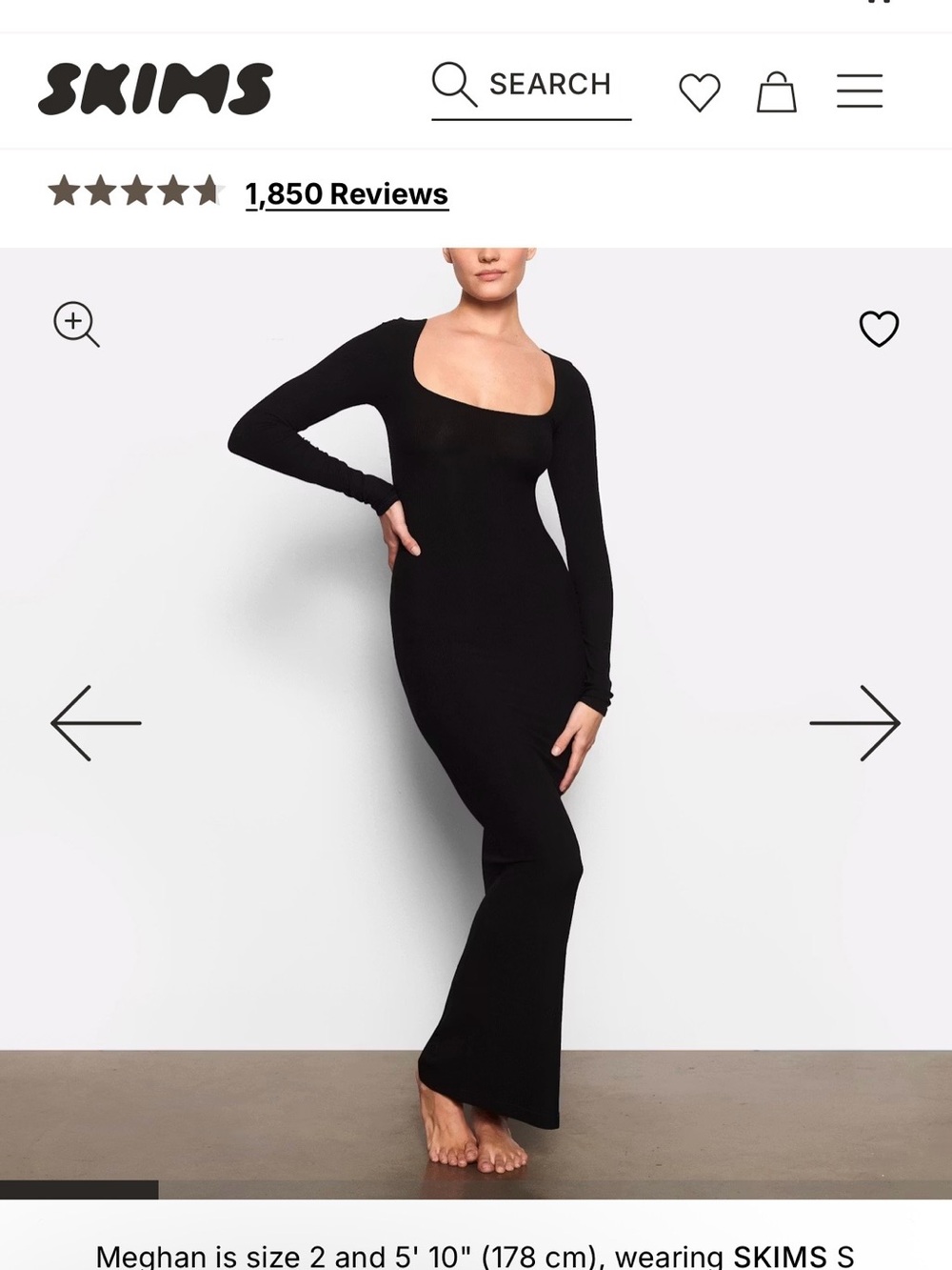 SKIMS Black Long-Sleeve Square-Neck Maxi Gown